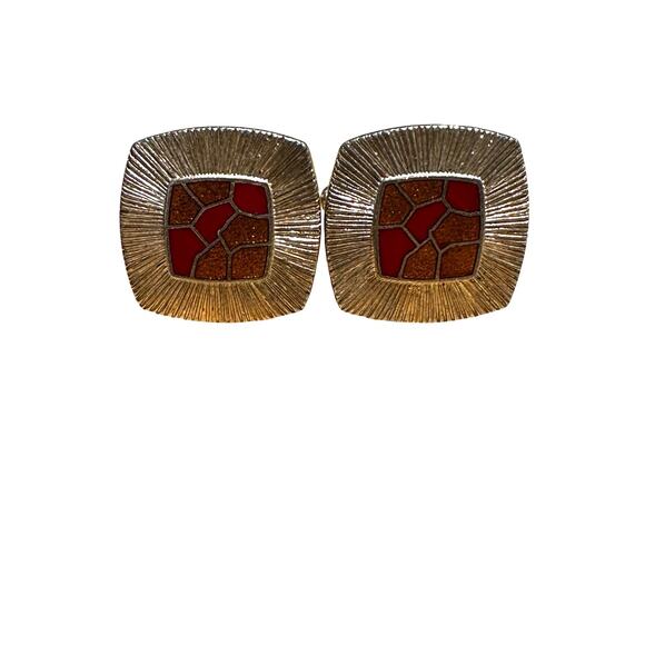 Vintage Gold and Red Square Cuff Links - Picture 2 of 4